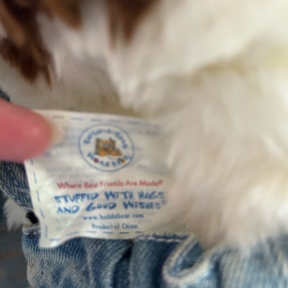 Build-A-Bear Dog Brown White Denim Overalls Plaid Shirt Ears Bend Made in USA - Picture 12 of 13